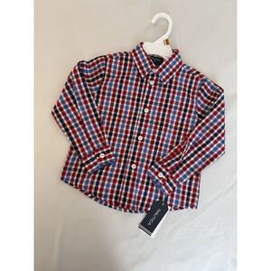 Nautica Boys 3T Plaid Red Blue Long Sleeve Cotton Button-Up Collared Shirt